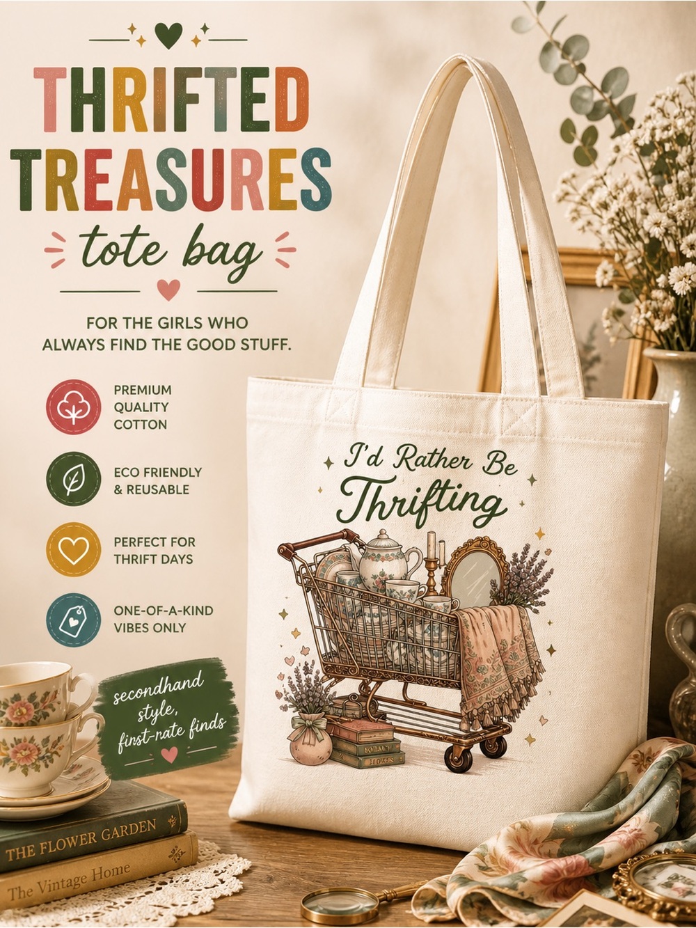 Handmade Canvas Tote Bag with I’d Rather Be Thrifting Graphic - White